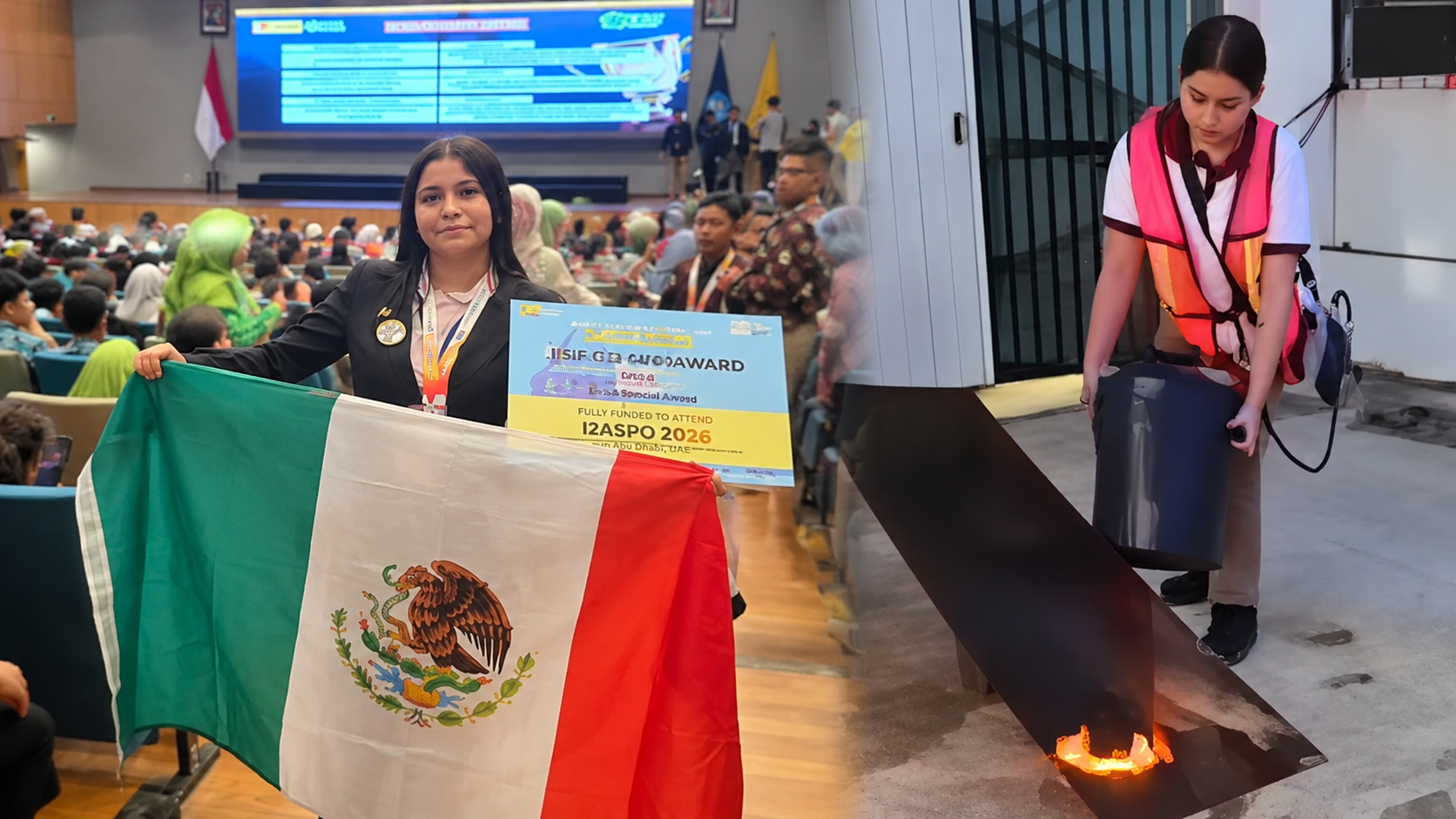 MEXICANA GANA ORO CON EXTINTOR QUE APAGA FUEGO CON SONIDO